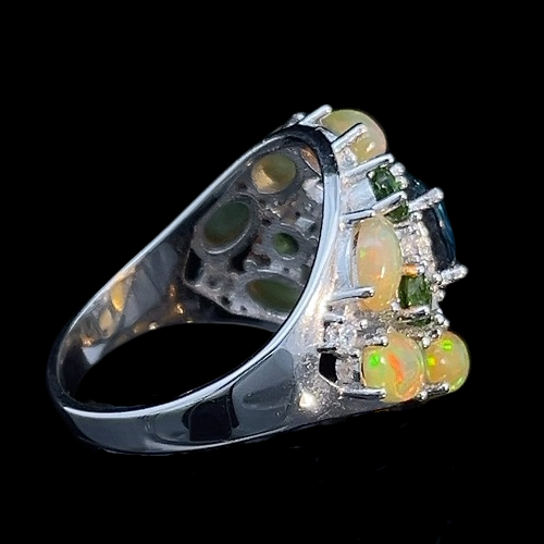 Blautopas Opal Russischer Diopsid Ring aus weißvergoldetem Silber - INARA
