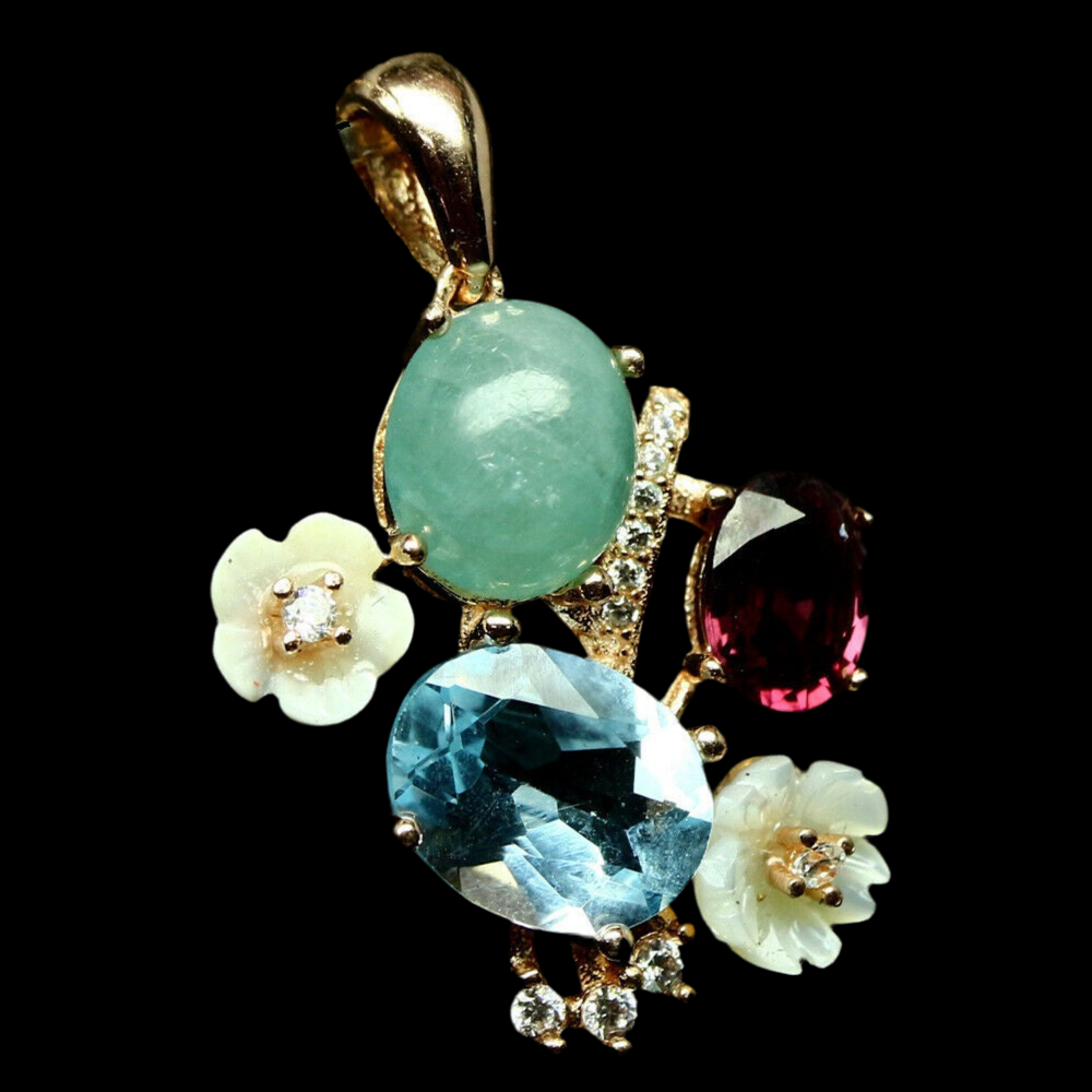 Smaragd Blautopas Turmalin Perlmutt Anhänger Silber gelbvergoldet - INARA