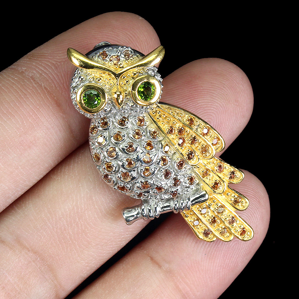 Saphir Russischer Diopsid Eule Brosche Silber vergoldet - INARA