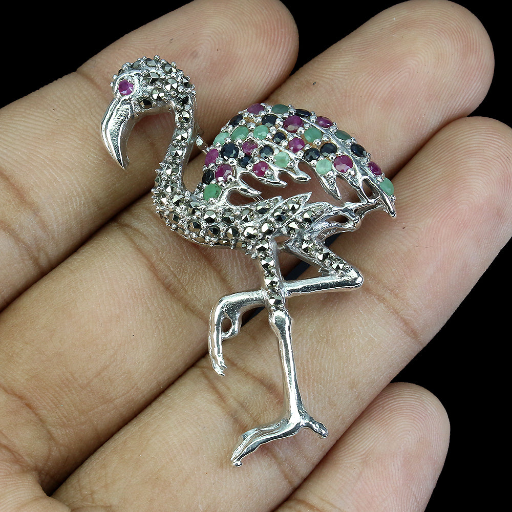 Rubin Smaragd Saphir Markasit Pelikan Brosche aus Silber - INARA