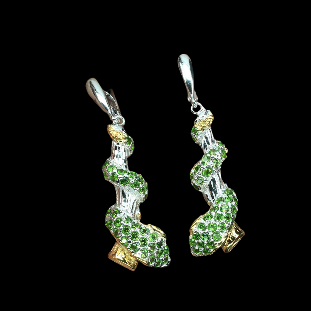 Russischer Diopsid Rhodolit Schlange Ohrringe aus bicolor vergoldetem Silber - INARA