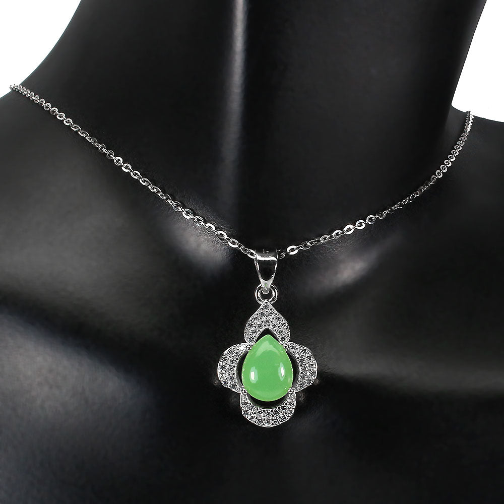 Chrysopras Anhänger mit Halskette aus weißvergoldetem Silber - INARA