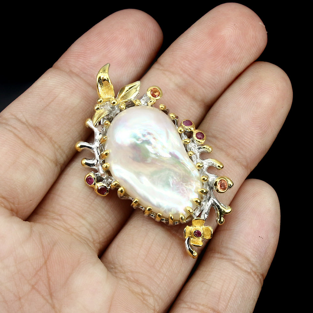 Perle Rubin Saphir Anhänger Silber bicolor vergoldet - INARA
