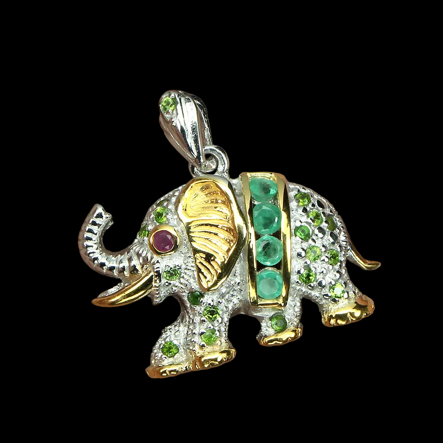 Smaragd Russischer Diopsid Rubin Elefant Anhänger Silber Seitenansicht - INARA