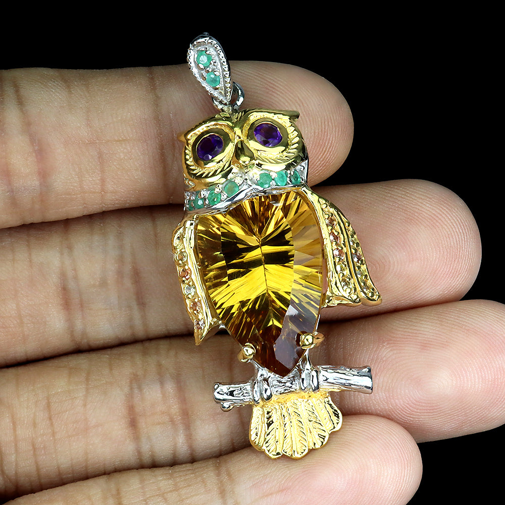 Citrin Amethyst Smaragd Saphir Eule Anhänger Silber vergoldet - INARA