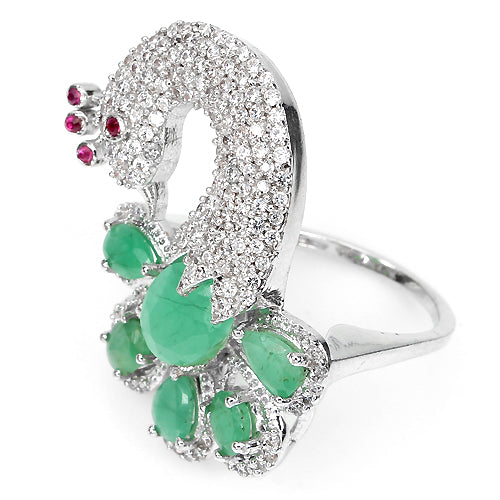 Smaragd Rubin Pfau Ring Silber weißvergoldet - INARA