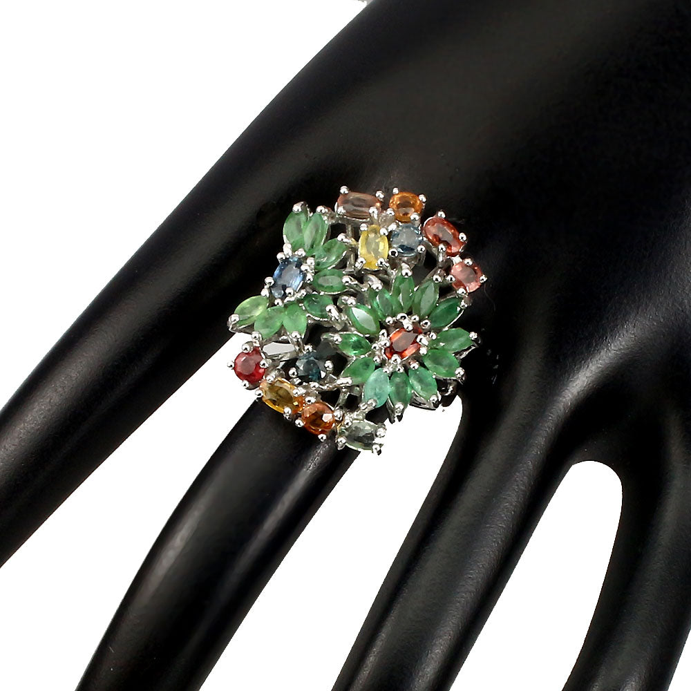 Smaragd Saphir Blumen Ring Silber weißvergoldet - INARA - Detailansicht