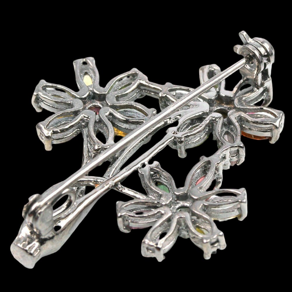 Turmalin Blüten Brosche aus schwarzvergoldetem Silber - INARA