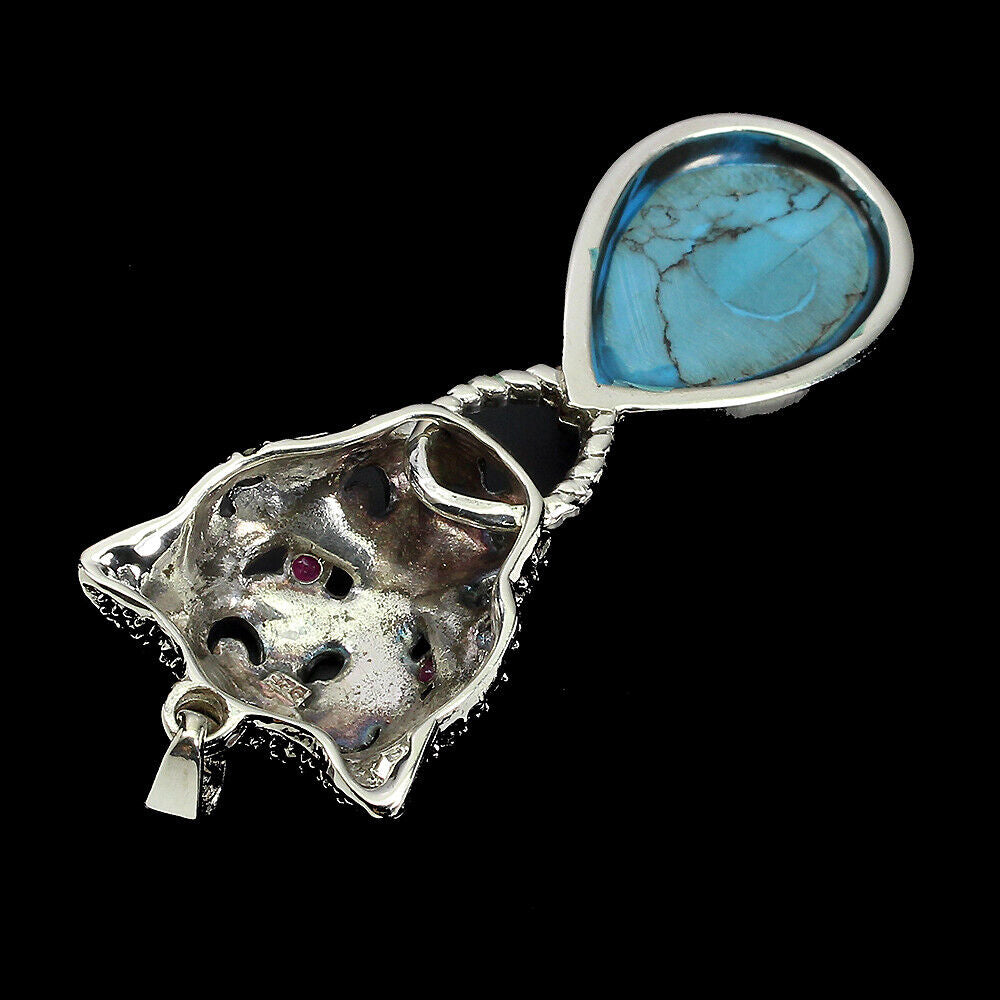 Pendentif Gros Chat Tiger Turquoise Rubis Marcassite