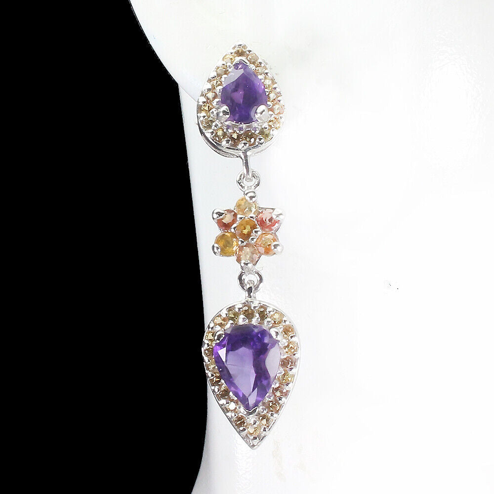 Amethyst Saphir Diamantschliff Ohrringe aus weißvergoldetem Silber - INARA