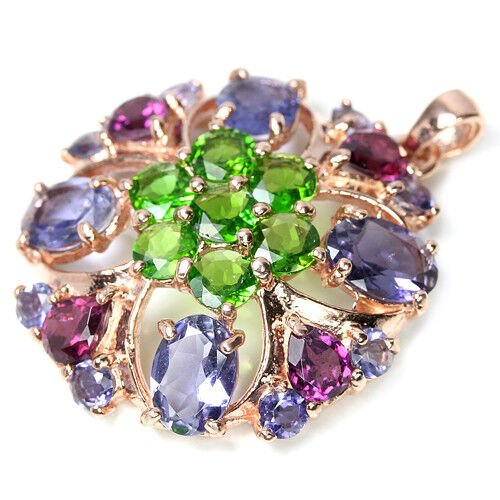 Chromdiopsid Iolith Rhodolit Anhänger aus rosévergoldetem Silber - INARA