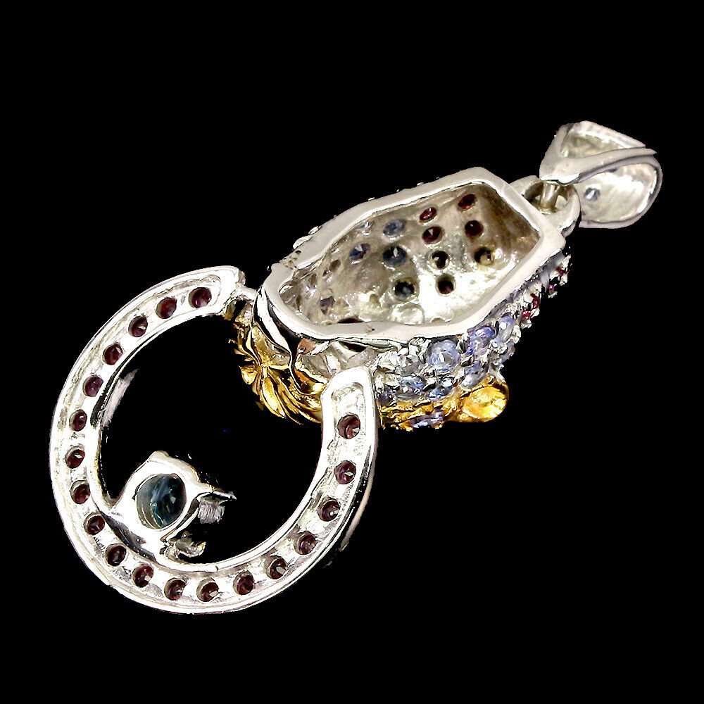 Blautopas Rhodolit Chromdiopsid Raubkatze Anhänger aus bicolor vergoldetem Silber - INARA