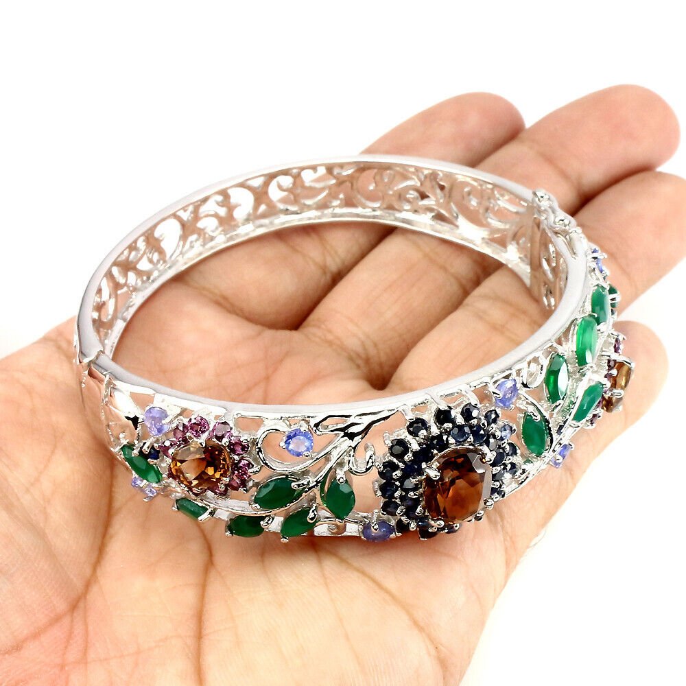 Imperialtopas Saphir Tansanit Armreif aus weißvergoldetem Silber - INARA