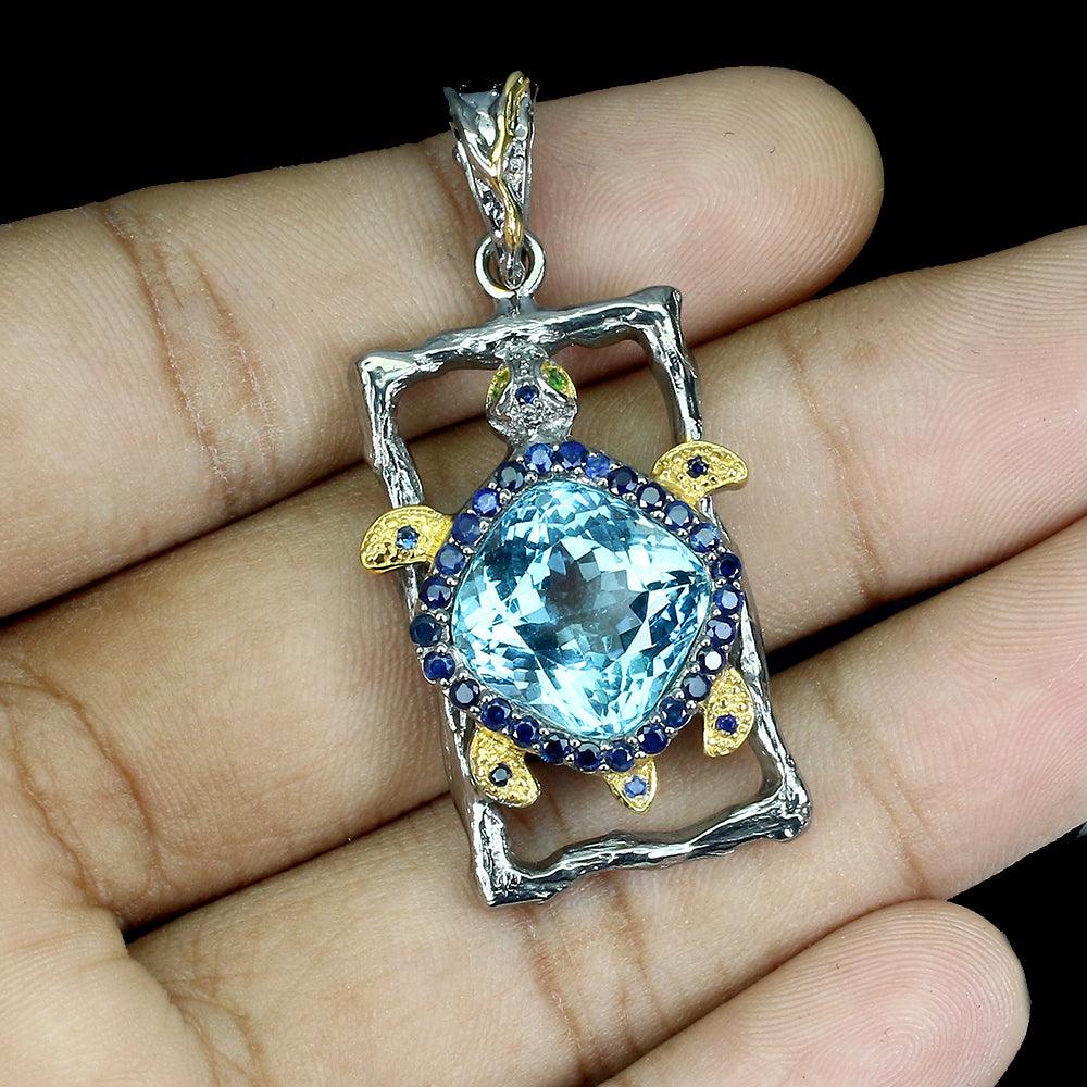 Blautopas Saphir Tsavorit Schildkröte Anhänger Silber - INARA