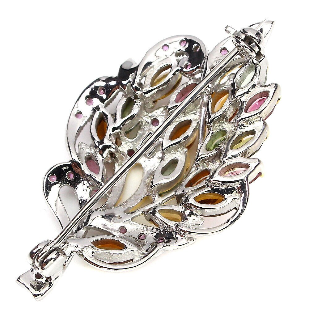 Brosche Blatt Turmalin Rhodolit 925 Silber 585 bicolor vergoldet Silber - INARA