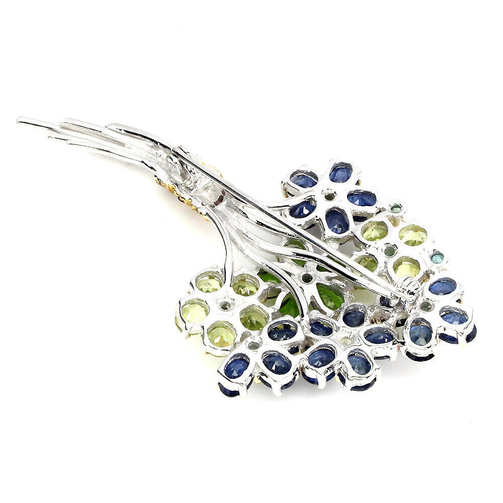 Brosche Blumen Chromdiopsid Saphir Peridot Smaragd 925 Silber 585 bicolor verg. Silber - INARA