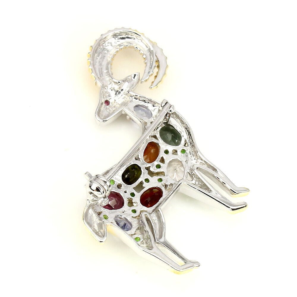 Brosche Steinbock Turmalin Chromdiopsid Tansanit 925 Silber 585 bicolor verg. Silber - INARA