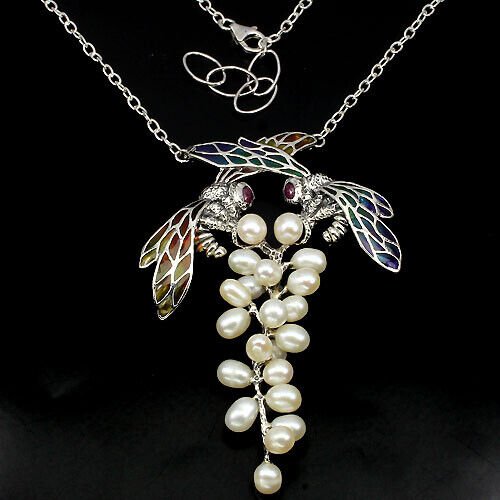 Perle Rubin Bienen Collier aus weißvergoldetem Silber - INARA