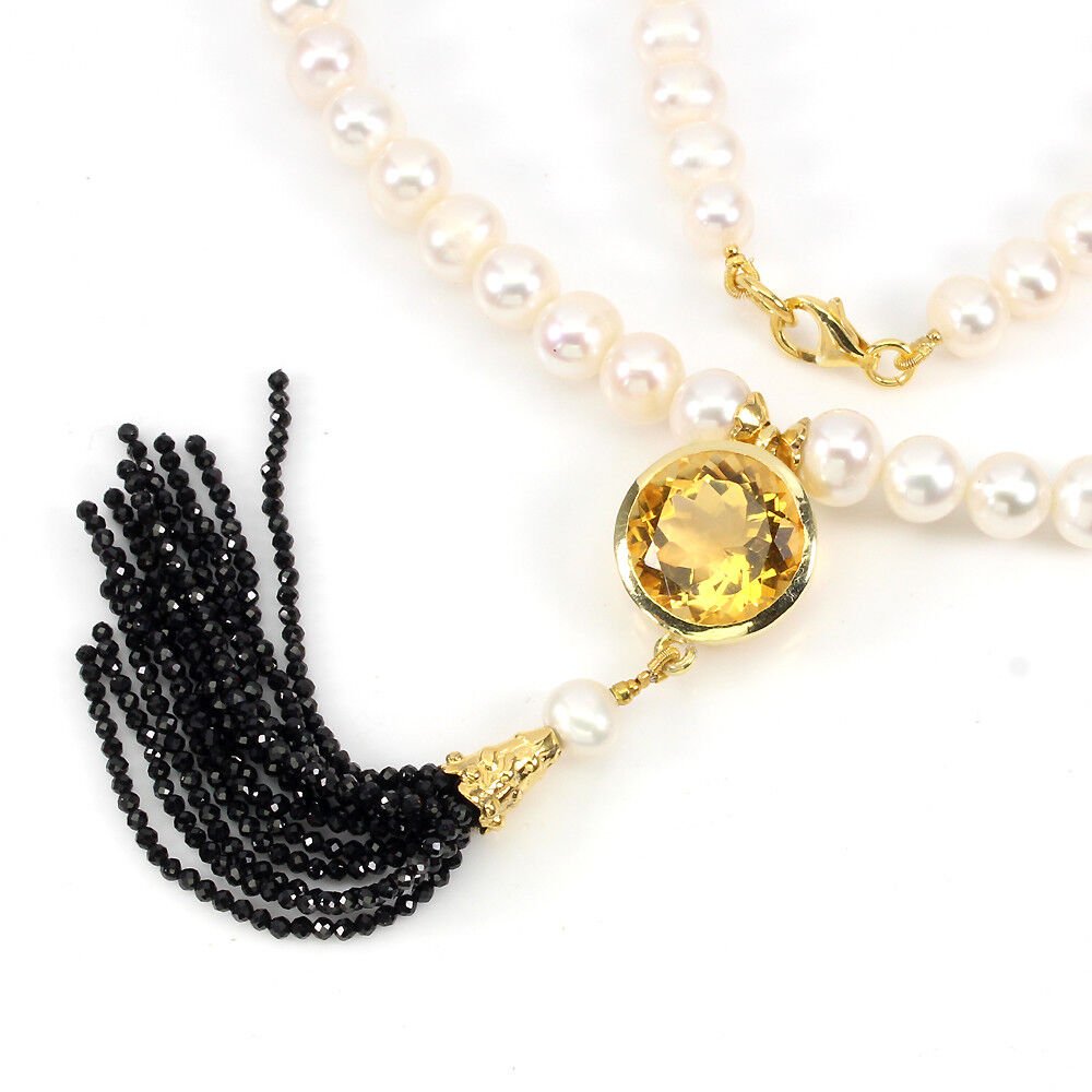 Collier Halskette Perle Citrin 15 mm Spinell 925 Silber 585 Gelbgold vergoldet Silber - INARA