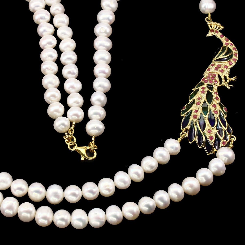 Perle Rubin Pfau Collier aus gelbvergoldetem Silber - INARA