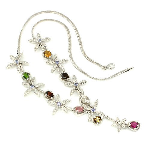 Turmalin Tansanit Weißtopas Collier aus weißvergoldetem Silber - INARA