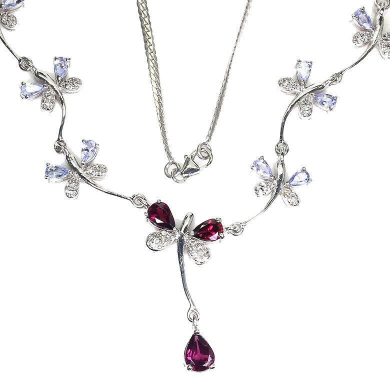Tansanit Rhodolit Weißtopas Schmetterling Collier aus weißvergoldetem Silber - INARA