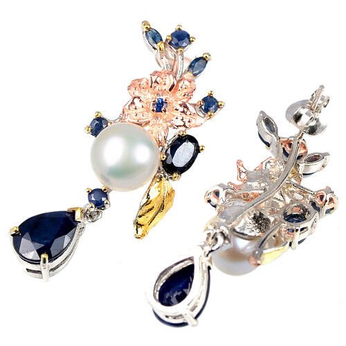 Große Ohrringe Akoya Perle Saphir blau 925 Silber 585 tricolor vergoldet Silber - INARA