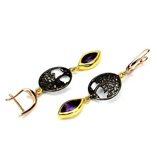 Ohrringe Amethyst Navetteschliff Silber tricolor vergoldet - INARA