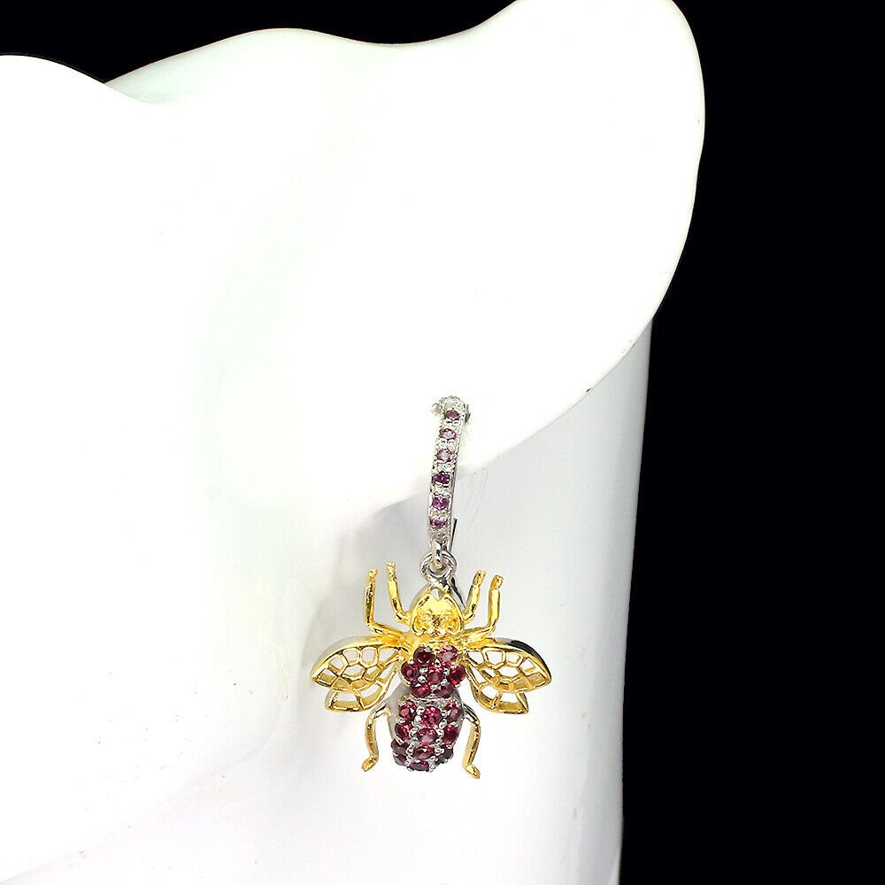 Große Ohrringe Biene Rhodolit 925 Silber 585 bicolor vergoldet Silber - INARA