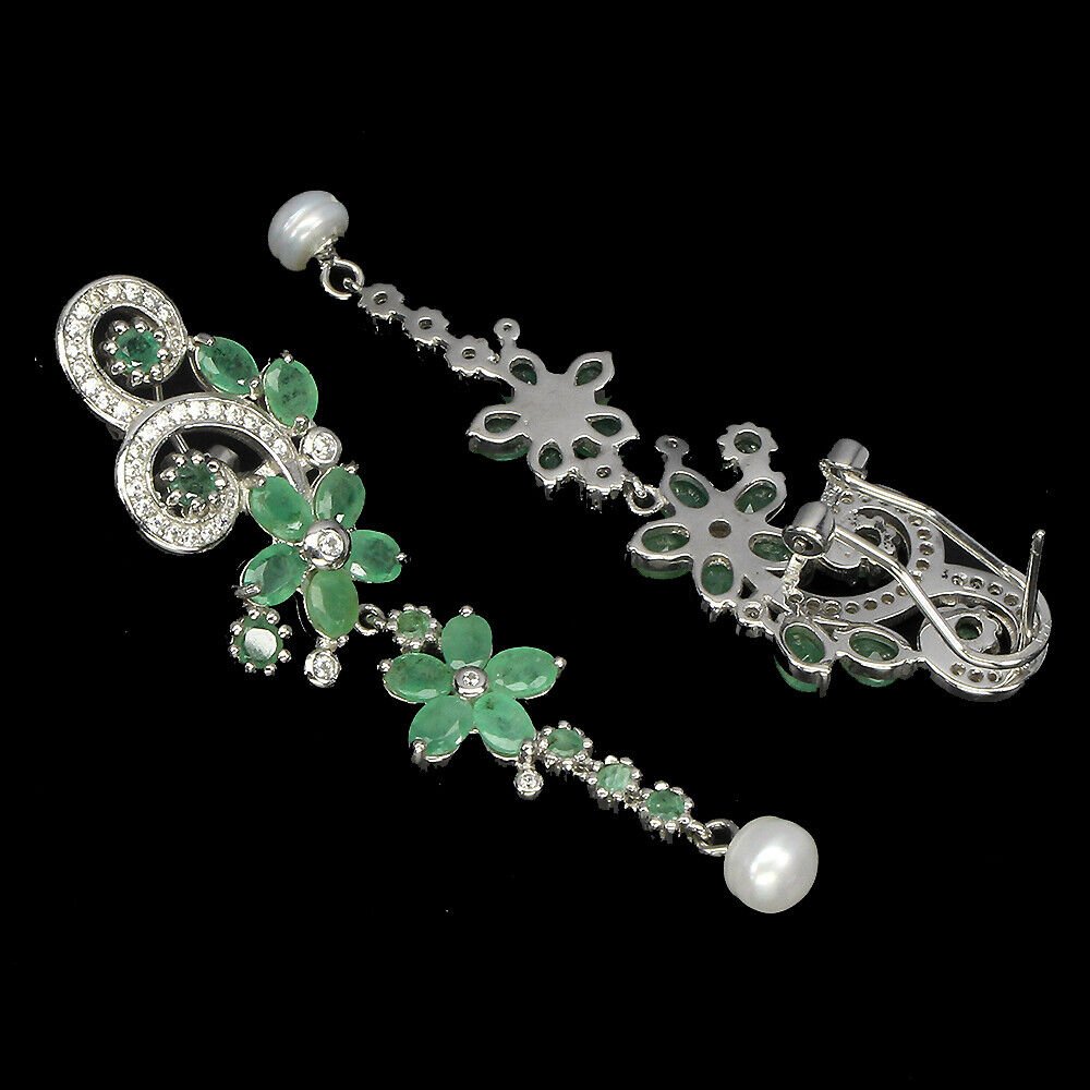 Smaragd Perle Ohrringe aus weißvergoldetem Silber - INARA