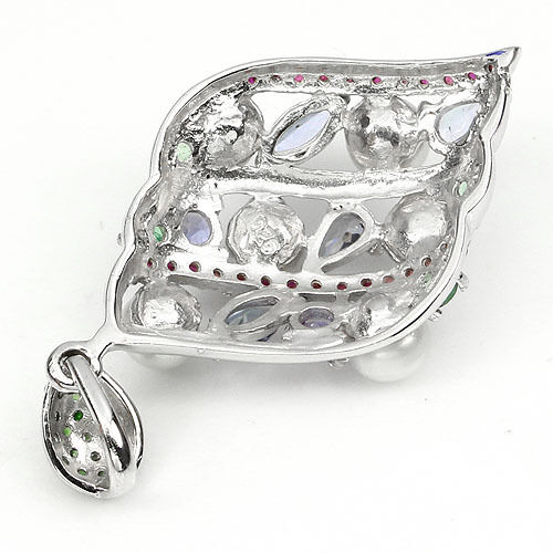 Großer Anhänger Tansanit Rubin Smaragd Tsavorit Perle 925 Silber 585 Weißgold Silber - INARA