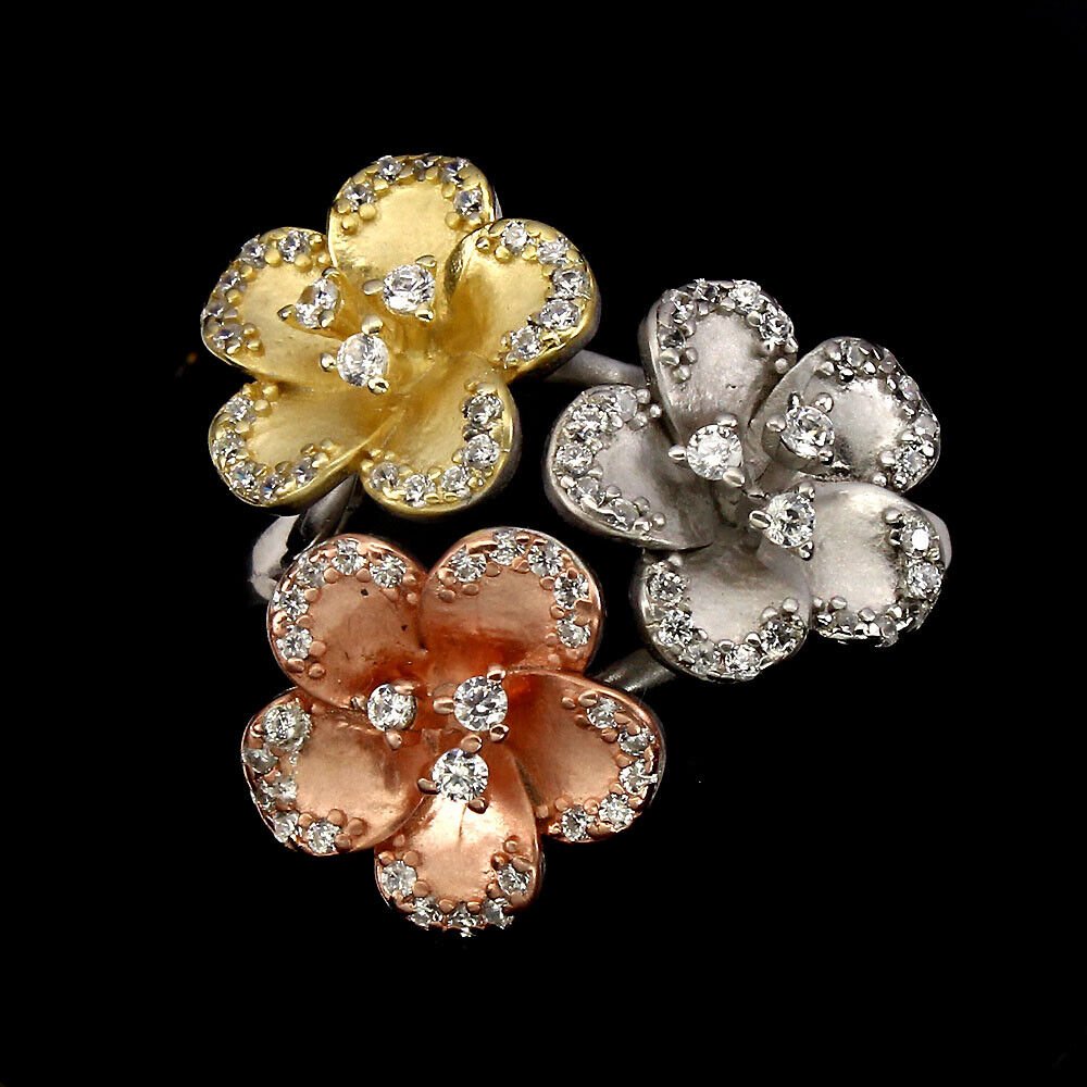Großer Blüten Ring Cubic Zirconia 925 Silber 585 tricolor vergoldet Gr. 57 Silber - INARA