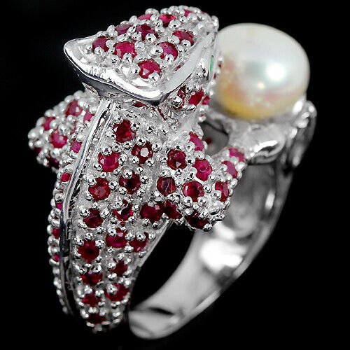 Rubin Smaragd Perle Leguan Ring aus weißvergoldetem Silber - INARA