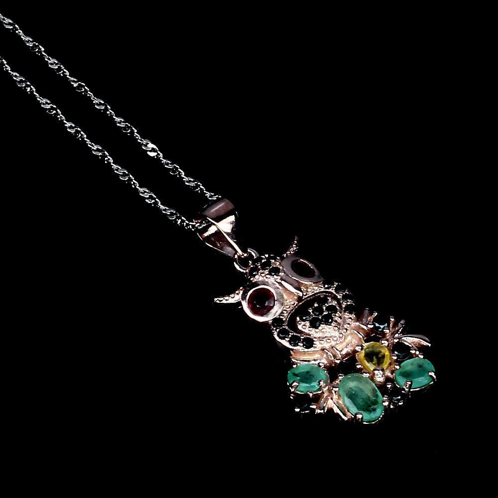 Halskette mit Anhänger Eule Smaragd Saphir 925 Silber 585 bicolor vergoldet Silber - INARA