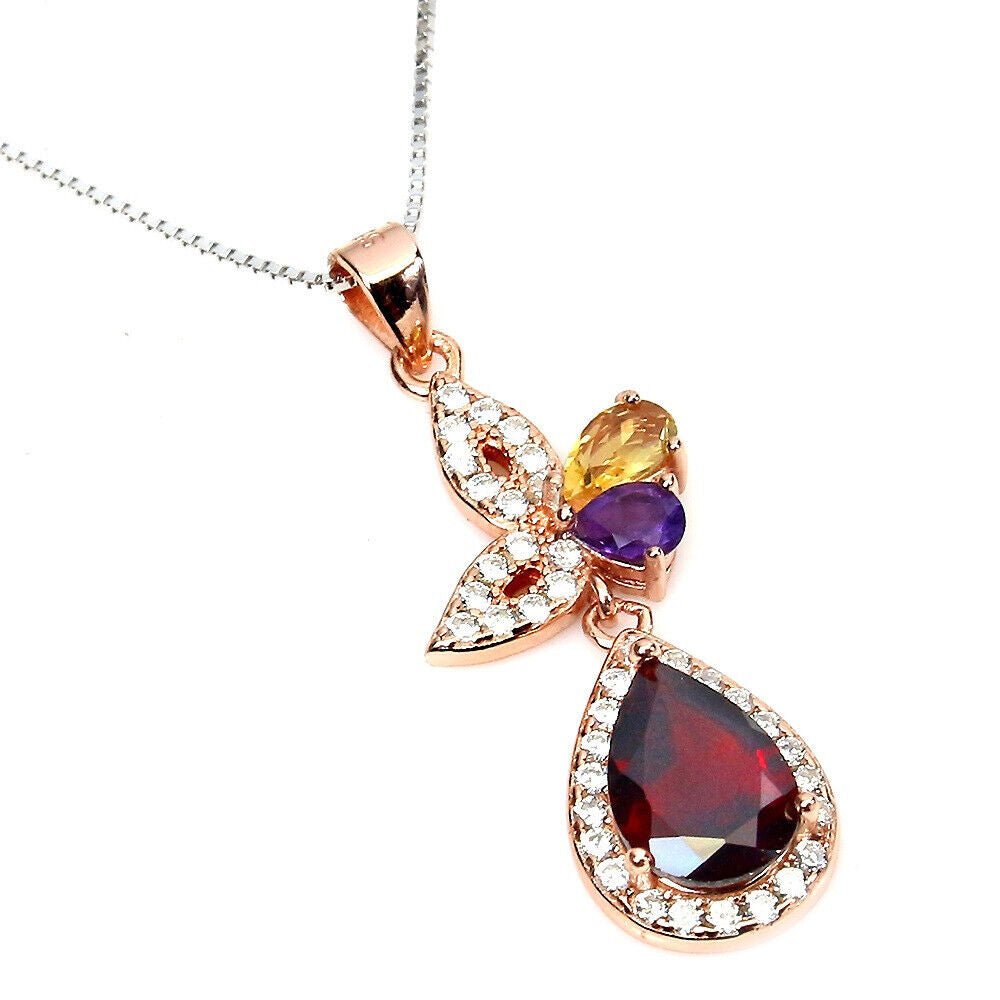 Halskette mit Anhänger Granat Citrin Amethyst 925 Silber 585 bicolor vergoldet Silber - INARA