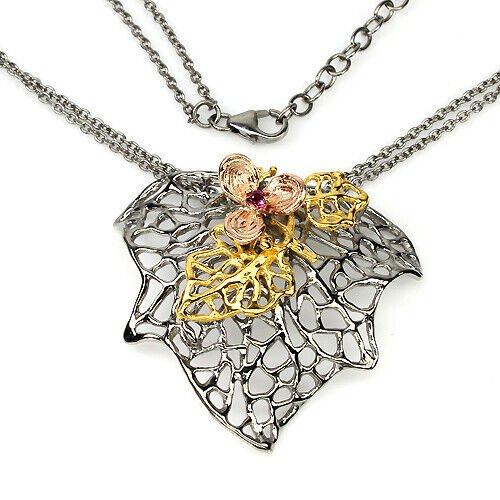 Handarbeit! Halskette Rhodolit 925 Silber schwarzrhodiniert & bicolor vergoldet Silber - INARA