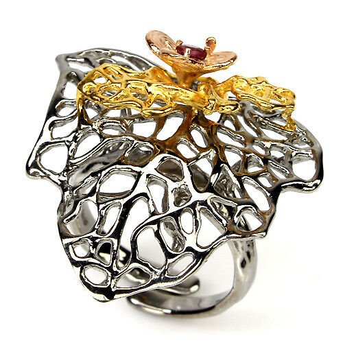 Handarbeit! Ring Rhodolit 925 Silber schwarzrhodiniert & 585 bicolor vergoldet Silber - INARA