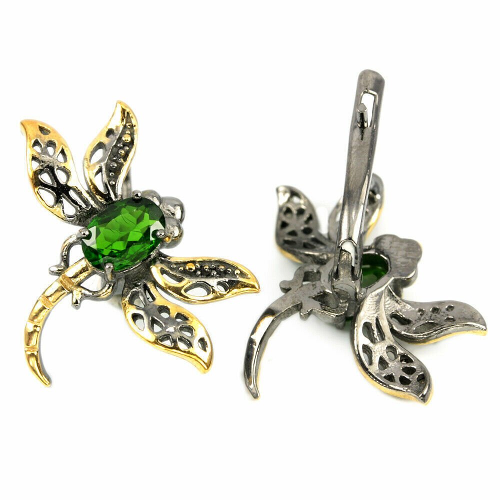 Ohrringe Libelle Chromdiopsid 925 Silber 585 bicolor vergoldet Silber - INARA