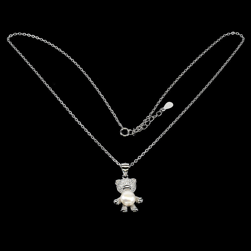 Perle Teddy Bär Anhänger mit Halskette aus weißvergoldetem Silber - INARA