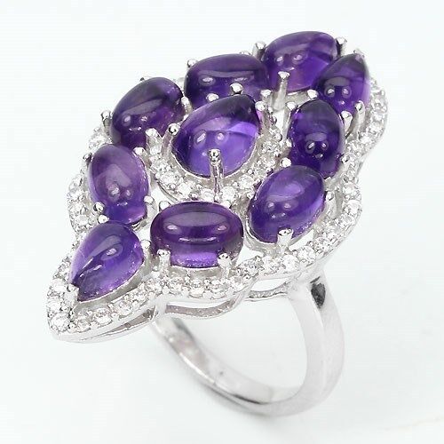 Ring amethyst cabochon 925 silver 585 white gold plated size. 54