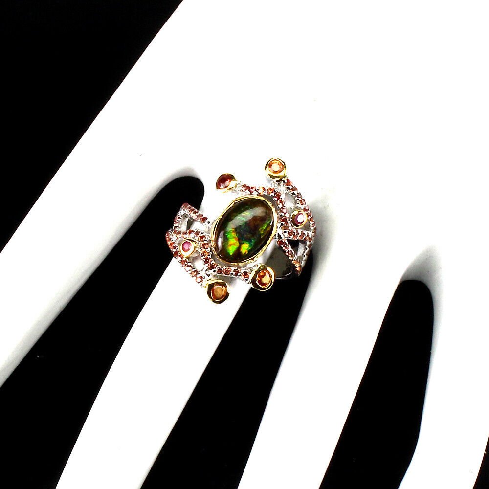 Ring Ammolith Ammonit Saphir 925 Silber 585 bicolor vergoldet Gr. 57 Silber - INARA