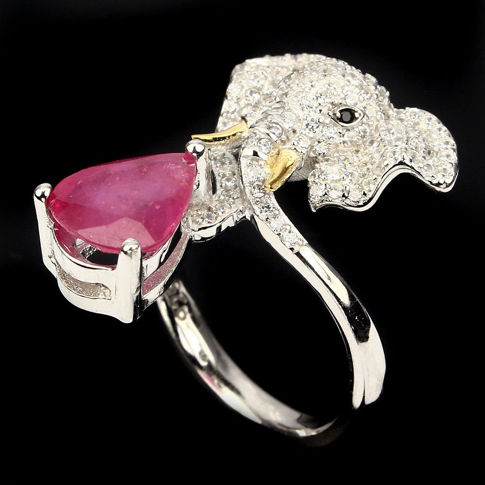 Ring Elefant Rubin Spinell 925 Silber 585 bicolor vergoldet Gr. 54 Silber - INARA