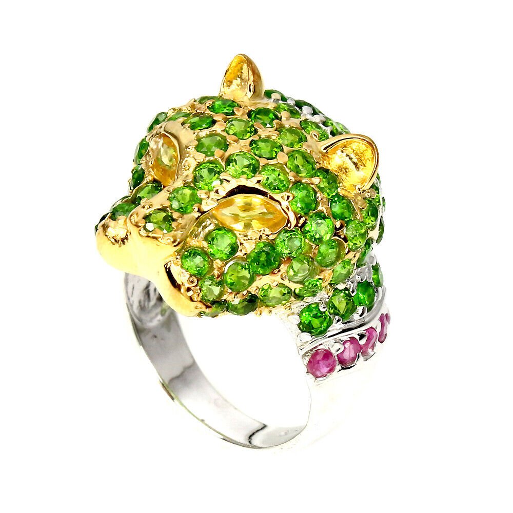 Ring Raubkatze Chromdiopsid Saphir Rubin 925 Silber bicolor vergoldet Gr. 58 Silber - INARA