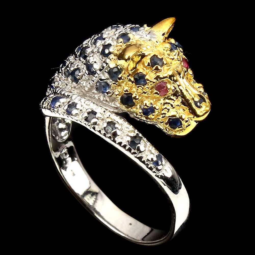 Ring Raubkatze Saphir blau Rhodolit 925 Silber 585 bicolor vergoldet Gr. 58 Silber - INARA
