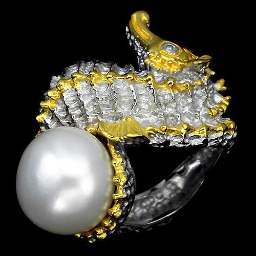 Ring Seepferdchen Perle Süßwasser 925 Silber 585 bicolor vergoldet Gr. 52 Silber - INARA
