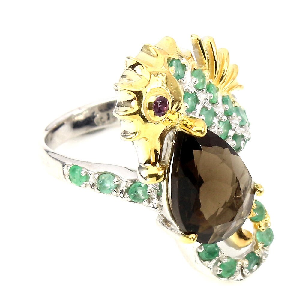 Ring Seepferdchen Rauchquarz Smaragd 925 Silber 585 bicolor vergoldet Gr. 57 Silber - INARA