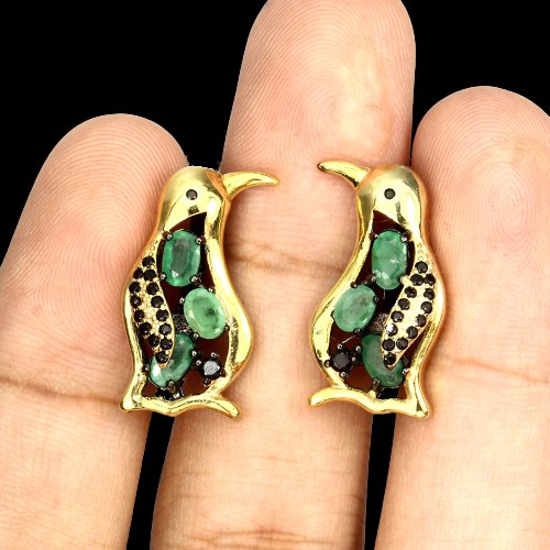 Smaragd Spinell Pinguin Ohrringe aus gelbvergoldetem Silber - INARA