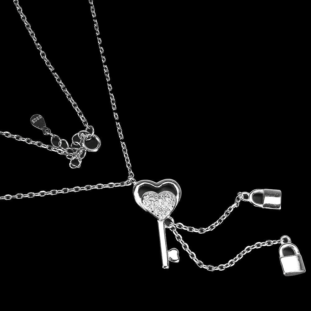 Zirkonia Halskette mit Herz Schlüssel und Schloss aus weißvergoldetem Silber - INARA