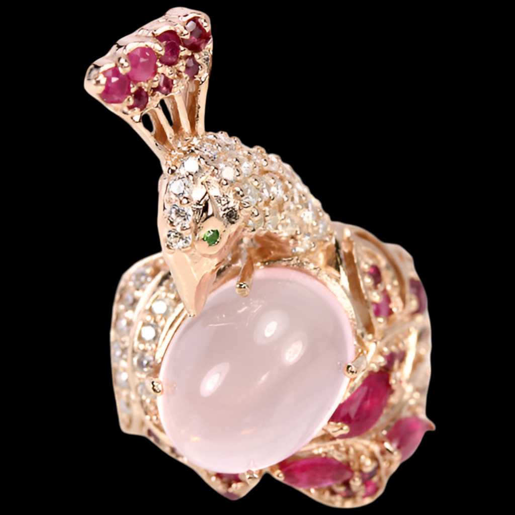 Anillo pavo real tsavorita, rubí cuarzo rosa talla 55