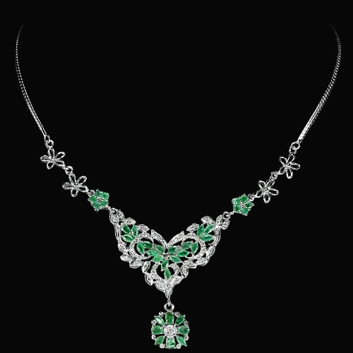 Smaragd Blumen Collier Silber weißvergoldet - INARA - Vorderansicht 2